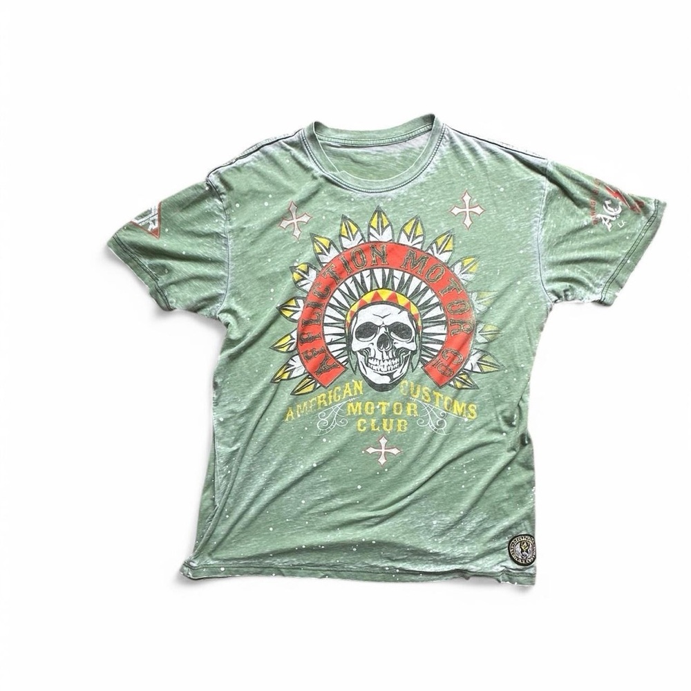 Affliction Green Graphic Tee with Skull Design